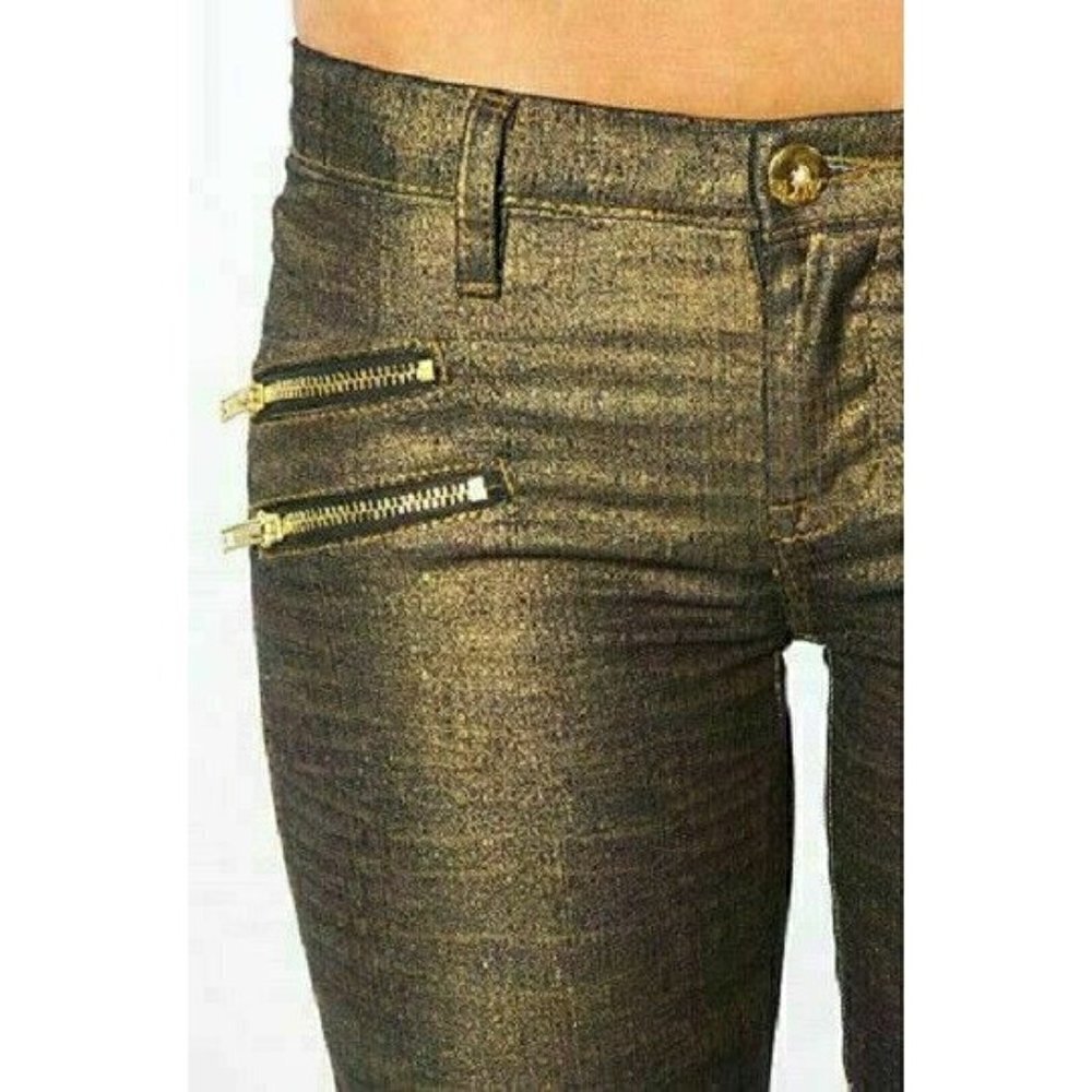 Blank NYC Metallic Gold Skinny Jeans with Gold Zippers